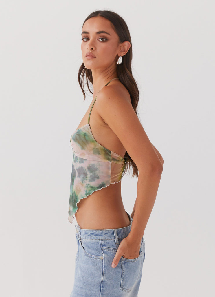 Womens Radiant Dream Mesh Halterneck Top in the colour Rainforest in front of a light grey background