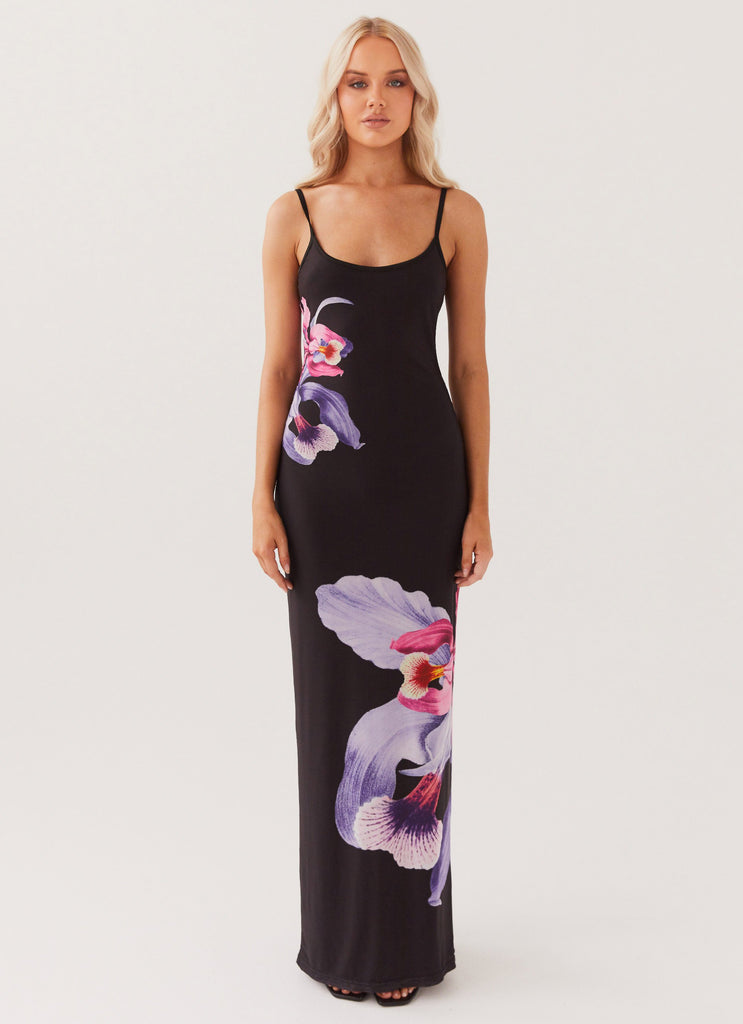 Womens Bad News Mesh Maxi Dress in the colour Black Tulip in front of a light grey background