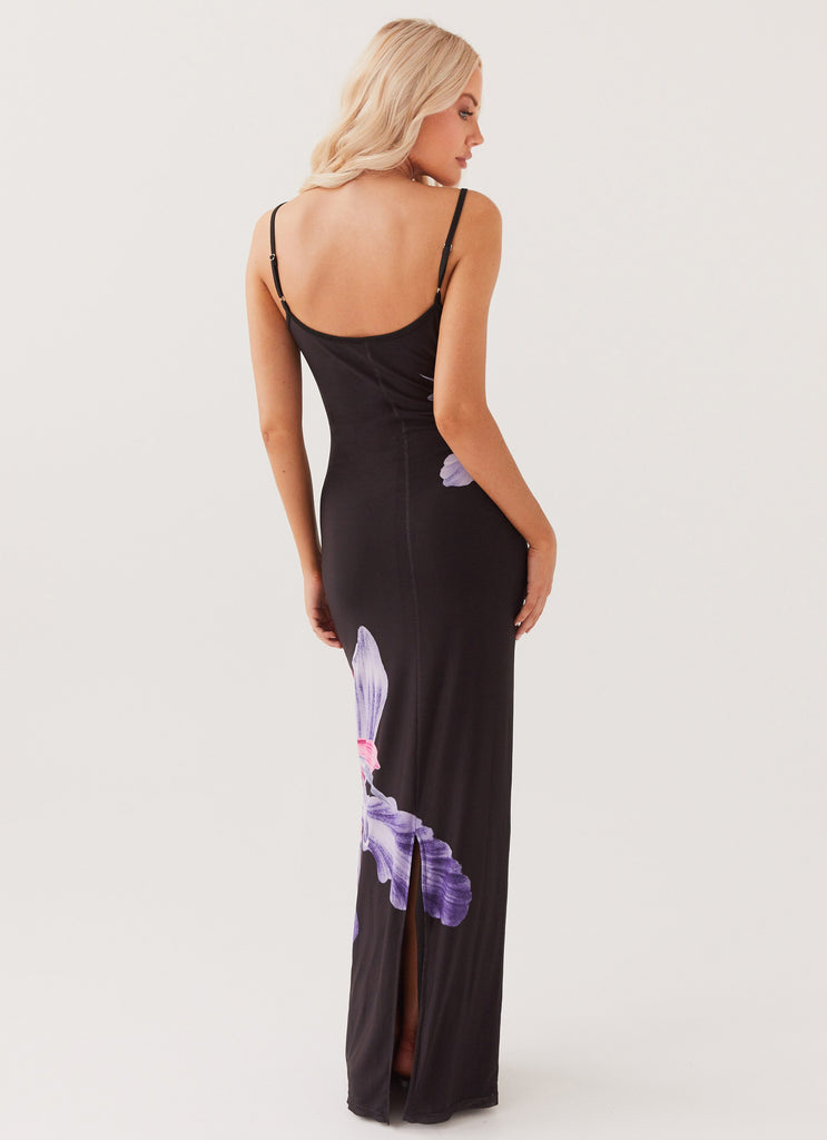 Womens Bad News Mesh Maxi Dress in the colour Black Tulip in front of a light grey background