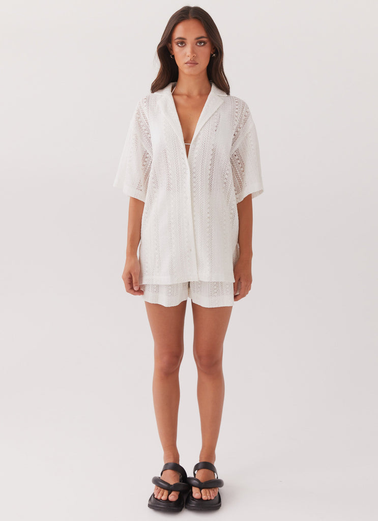 Womens Sun Catcher Knit Oversized Shirt in the colour Ivory in front of a light grey background