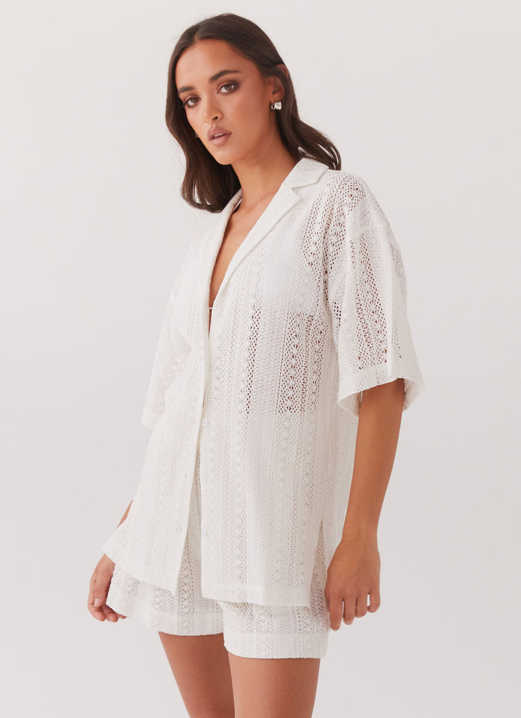 Womens Sun Catcher Knit Oversized Shirt in the colour Ivory in front of a light grey background