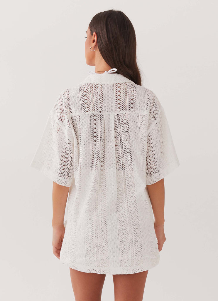 Womens Sun Catcher Knit Oversized Shirt in the colour Ivory in front of a light grey background