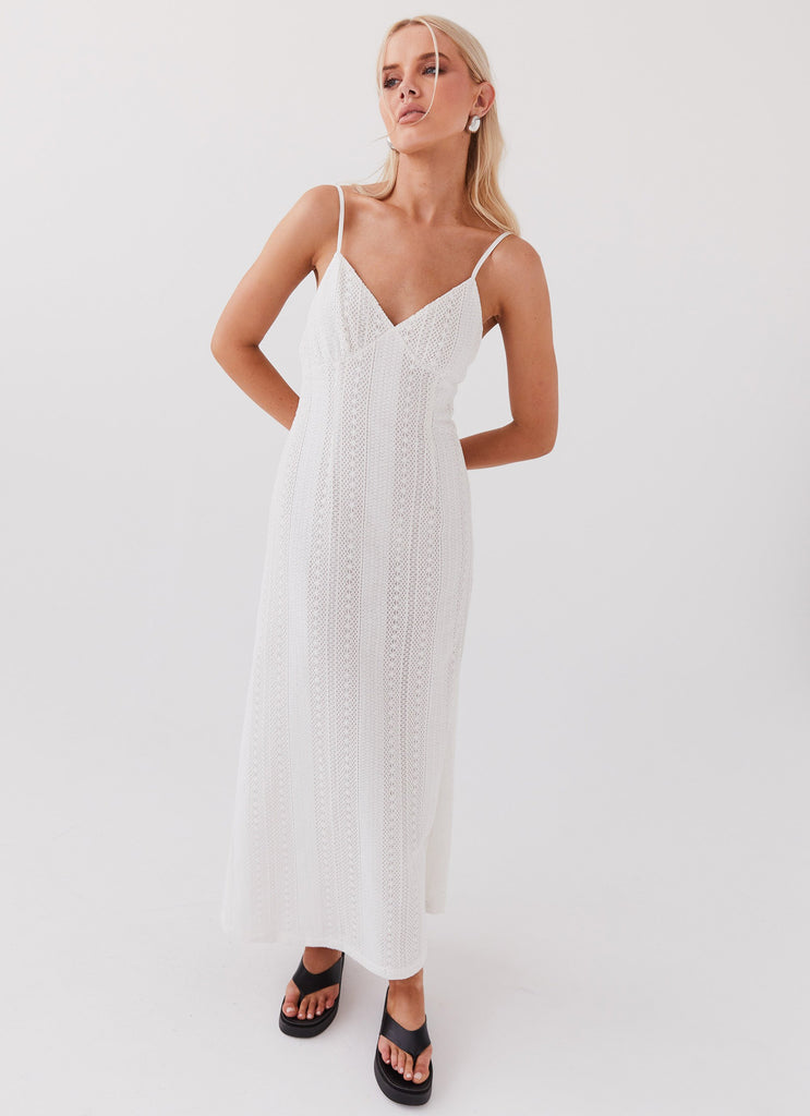 Womens Riveria Knit Maxi Dress in the colour White in front of a light grey background