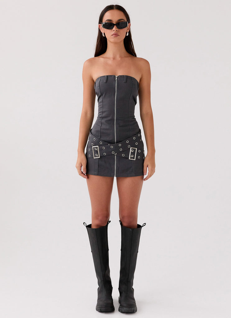 Womens Benny Drill Mini Dress in the colour Charcoal in front of a light grey background