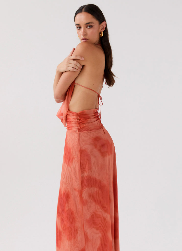 Womens Elysia Chiffon Maxi Dress in the colour Fiery Fusion in front of a light grey background