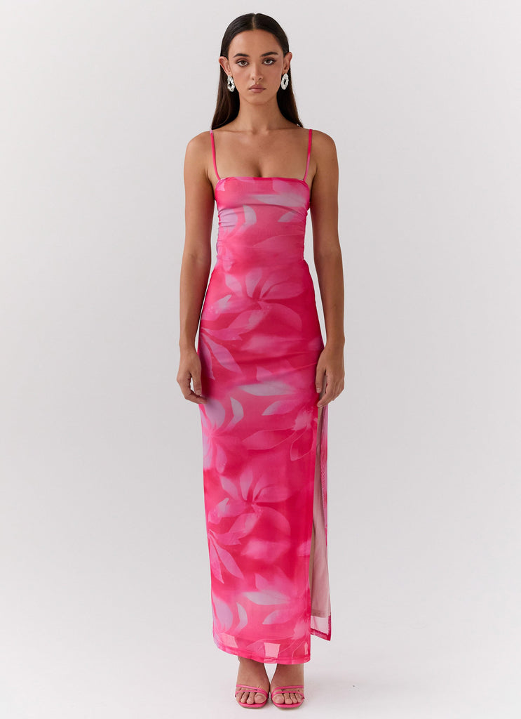 Womens Life In Pink Maxi Dress in the colour Abstract Bloom in front of a light grey background