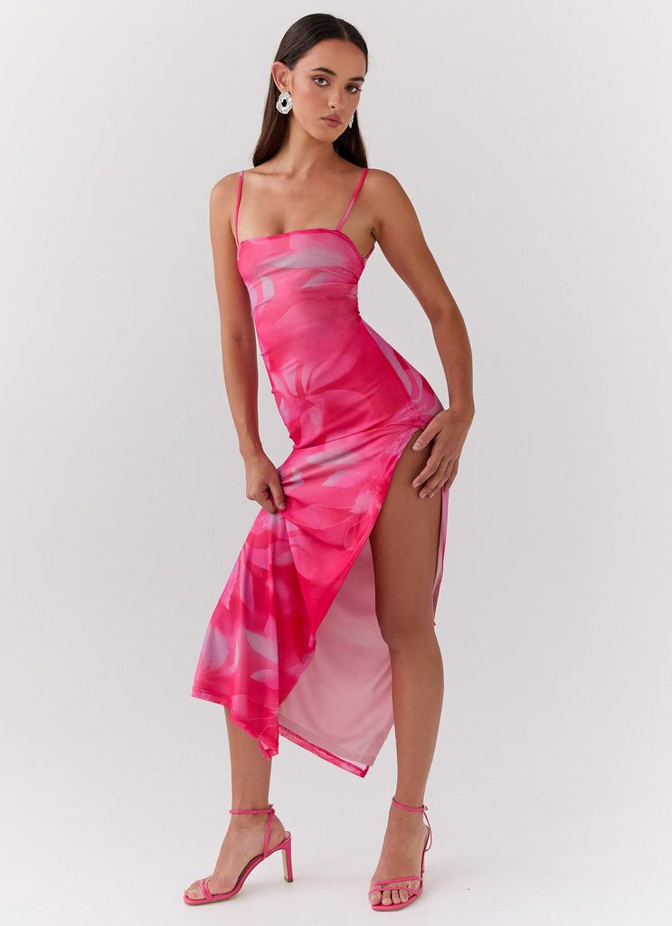 Womens Life In Pink Maxi Dress in the colour Abstract Bloom in front of a light grey background