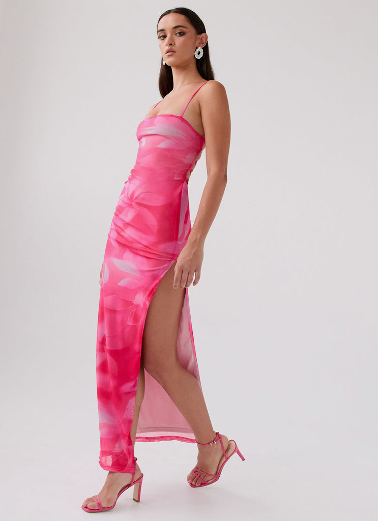 Womens Life In Pink Maxi Dress in the colour Abstract Bloom in front of a light grey background