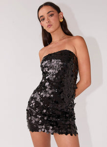 Womens Midnight Magic Sequin Mini Dress in the colour Black in front of a light grey background