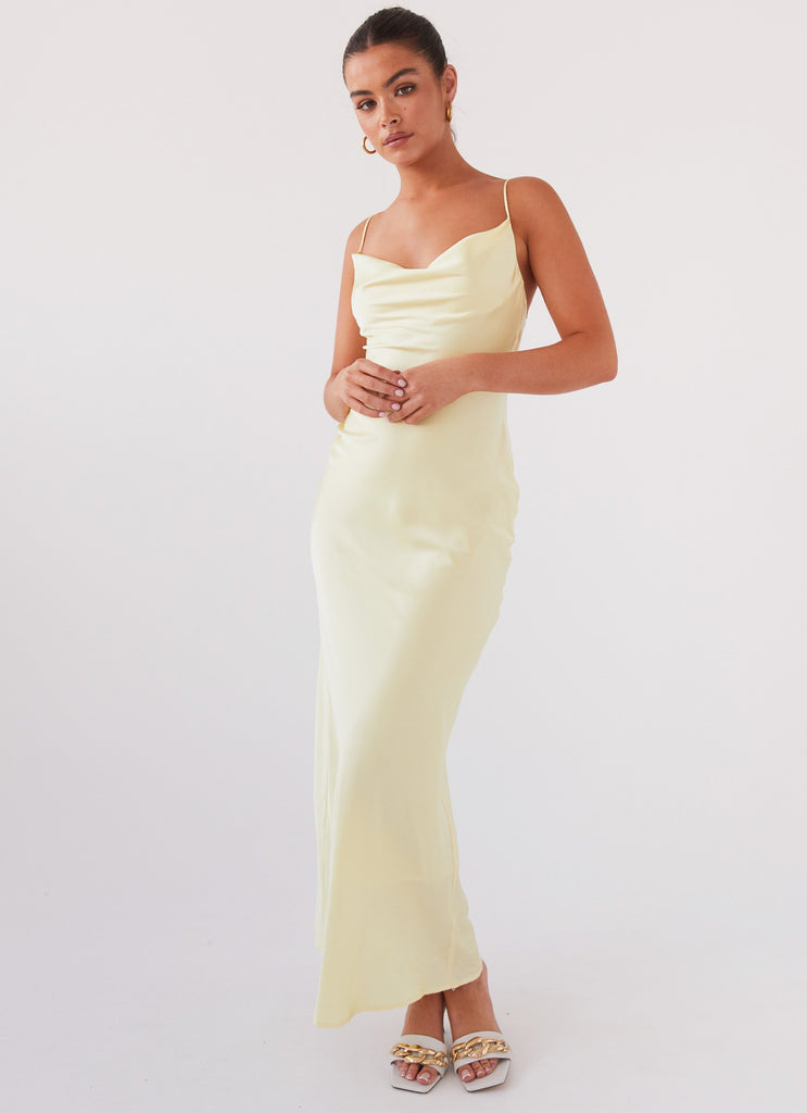 Womens Joanna Satin Maxi Dress in the colour Lemon in front of a light grey background