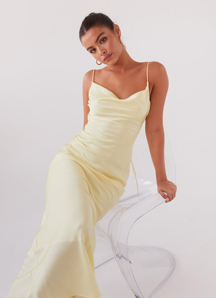 Womens Joanna Satin Maxi Dress in the colour Lemon in front of a light grey background