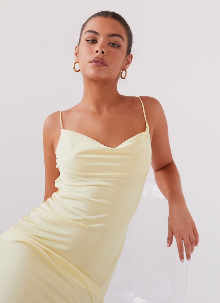 Womens Joanna Satin Maxi Dress in the colour Lemon in front of a light grey background