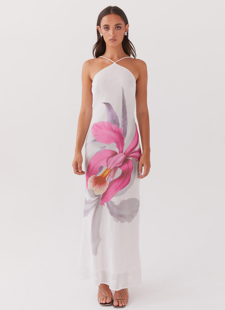 Womens Blossom Hearts Maxi Dress in the colour Tulip Floral in front of a light grey background