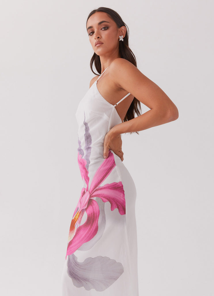 Womens Blossom Hearts Maxi Dress in the colour Tulip Floral in front of a light grey background