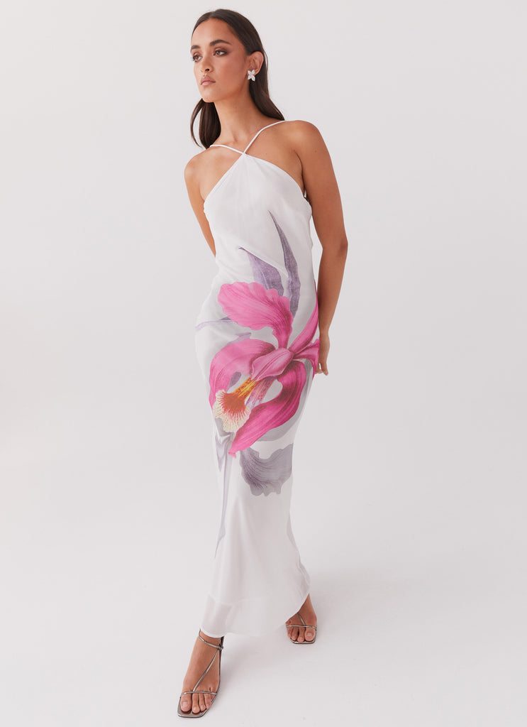 Womens Blossom Hearts Maxi Dress in the colour Tulip Floral in front of a light grey background