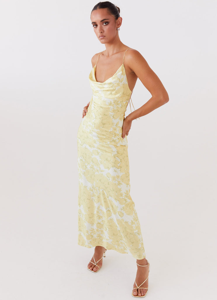 Womens Coastal Escape Satin Maxi Dress in the colour Daffodil in front of a light grey background