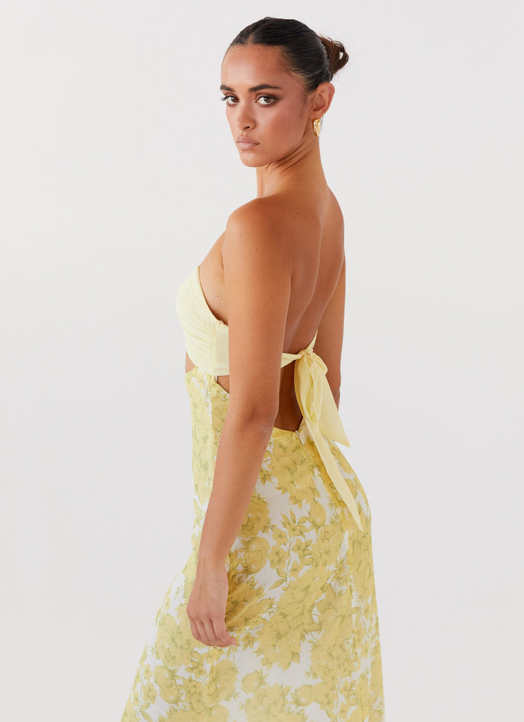 Womens Tropicana Maxi Dress in the colour Daffodil in front of a light grey background