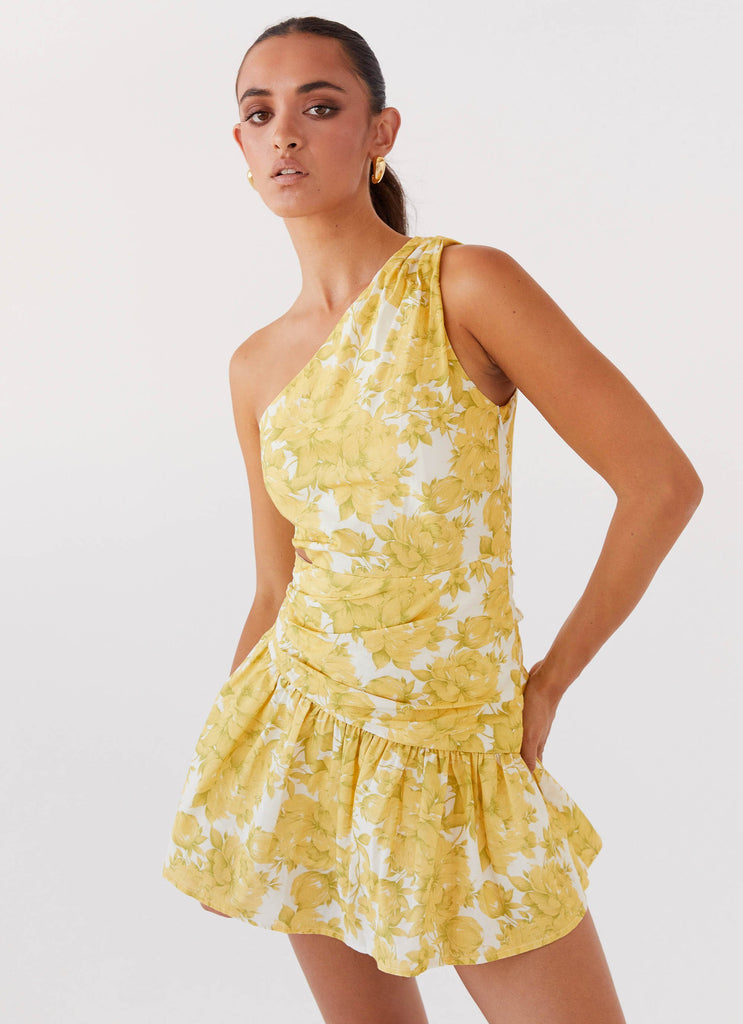 Womens Sunkissed Hearts One Shoulder Mini Dress in the colour Daffodil in front of a light grey background