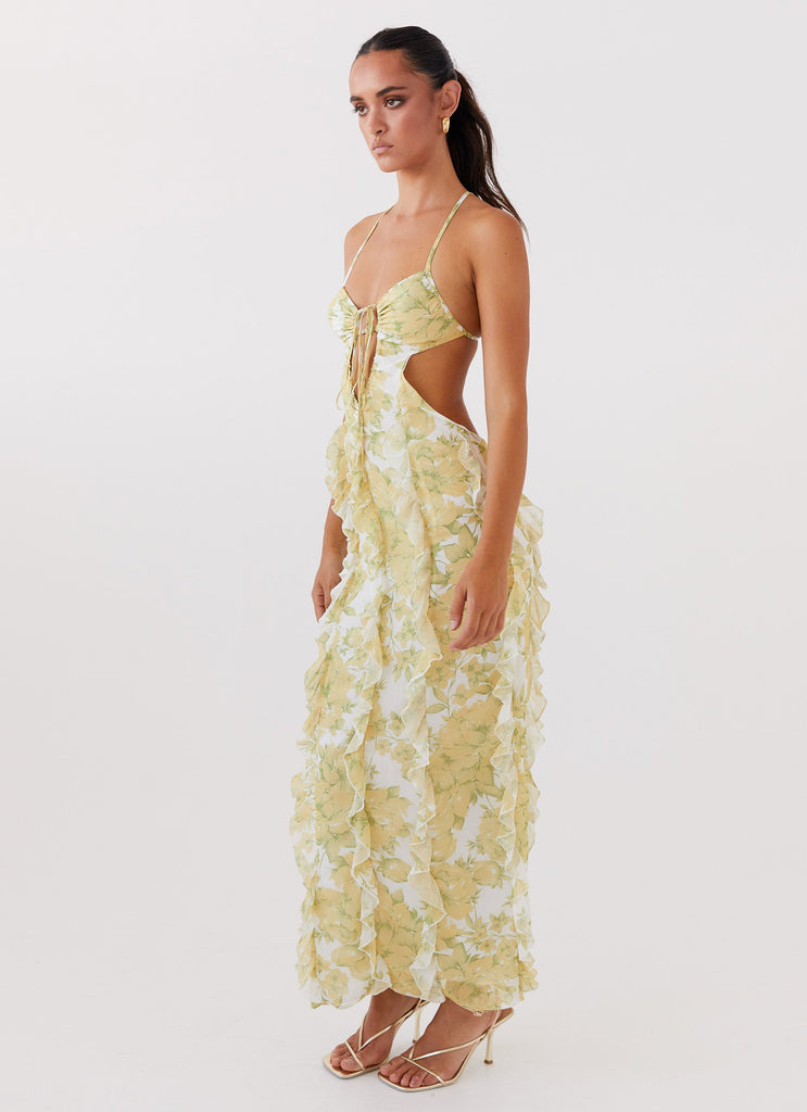 Womens Sunset Kisses Ruffle Maxi Dress in the colour Daffodil in front of a light grey background