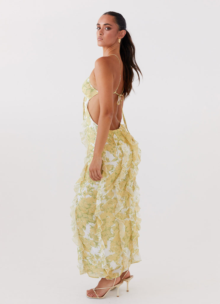 Womens Sunset Kisses Ruffle Maxi Dress in the colour Daffodil in front of a light grey background