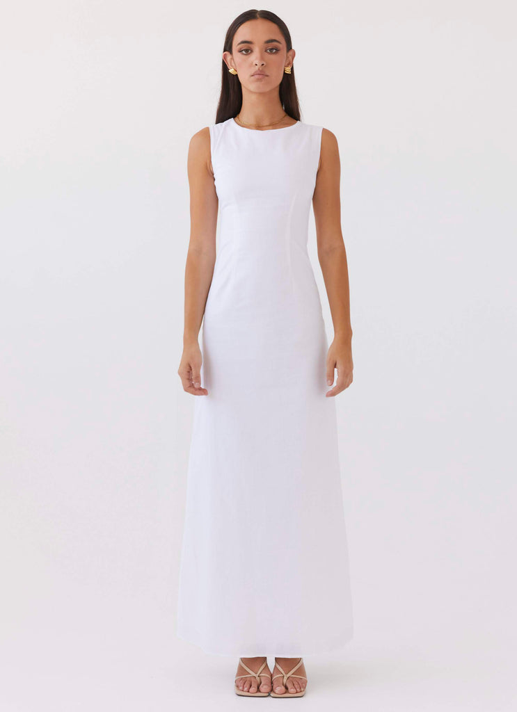 Womens Eloise High Neck Maxi Dress in the colour White in front of a light grey background