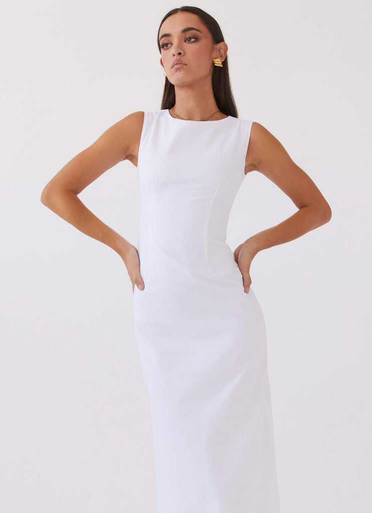 Womens Eloise High Neck Maxi Dress in the colour White in front of a light grey background