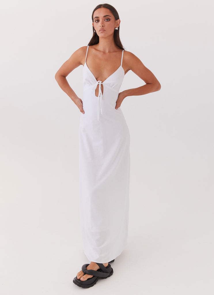 Womens Flora Linen Maxi Dress in the colour White in front of a light grey background