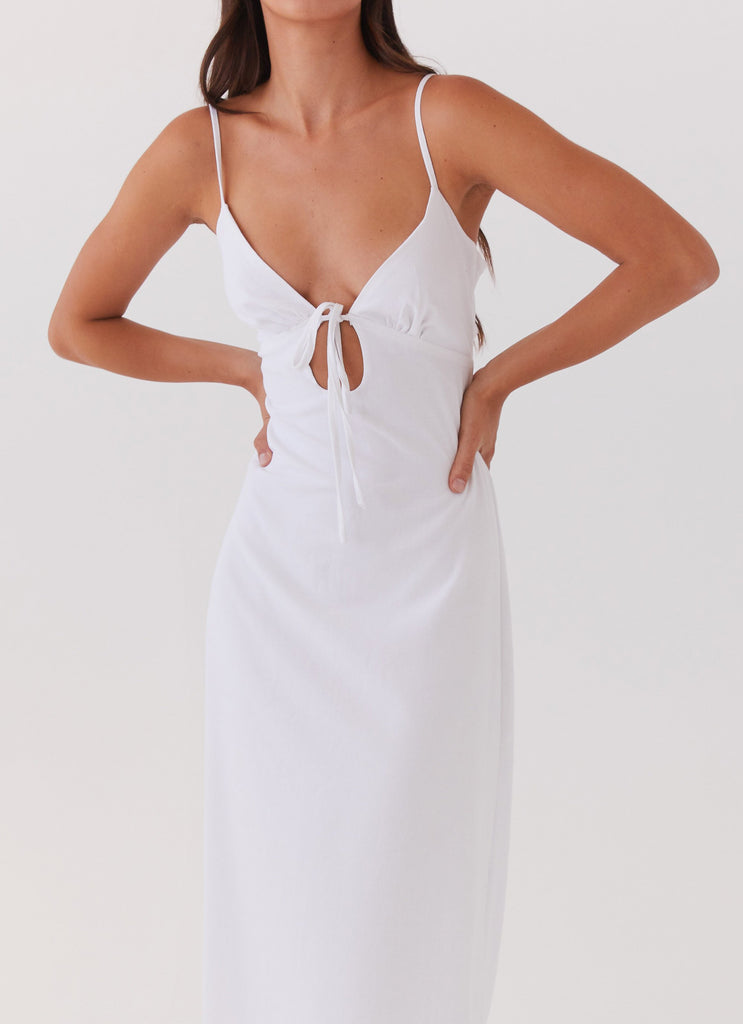 Womens Flora Linen Maxi Dress in the colour White in front of a light grey background