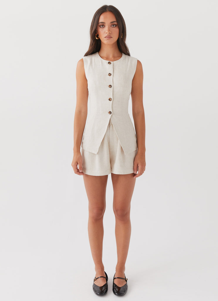 Womens Born For Bordeaux Linen Vest in the colour Oatmeal in front of a light grey background