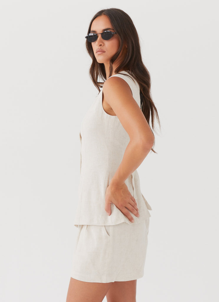 Womens Born For Bordeaux Linen Vest in the colour Oatmeal in front of a light grey background