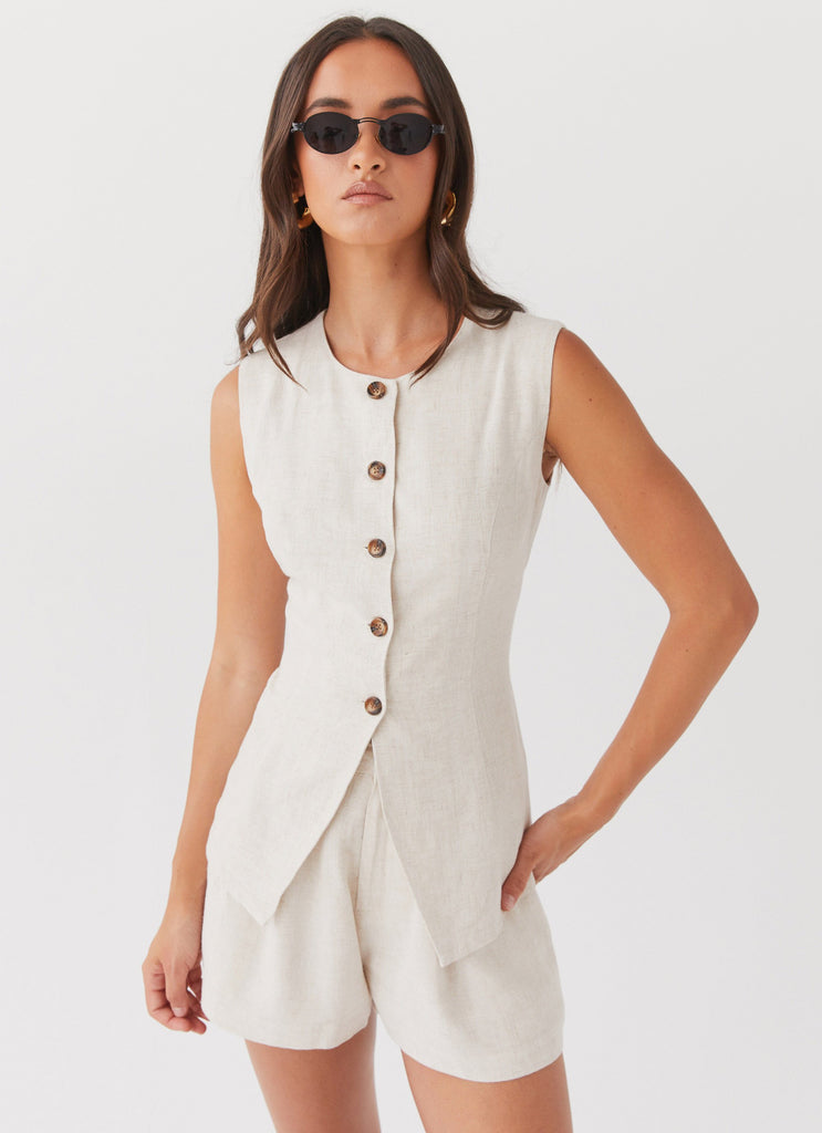 Womens Born For Bordeaux Linen Vest in the colour Oatmeal in front of a light grey background