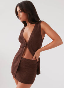 Womens Capri Glow Knit Skirt in the colour Chocolate in front of a light grey background