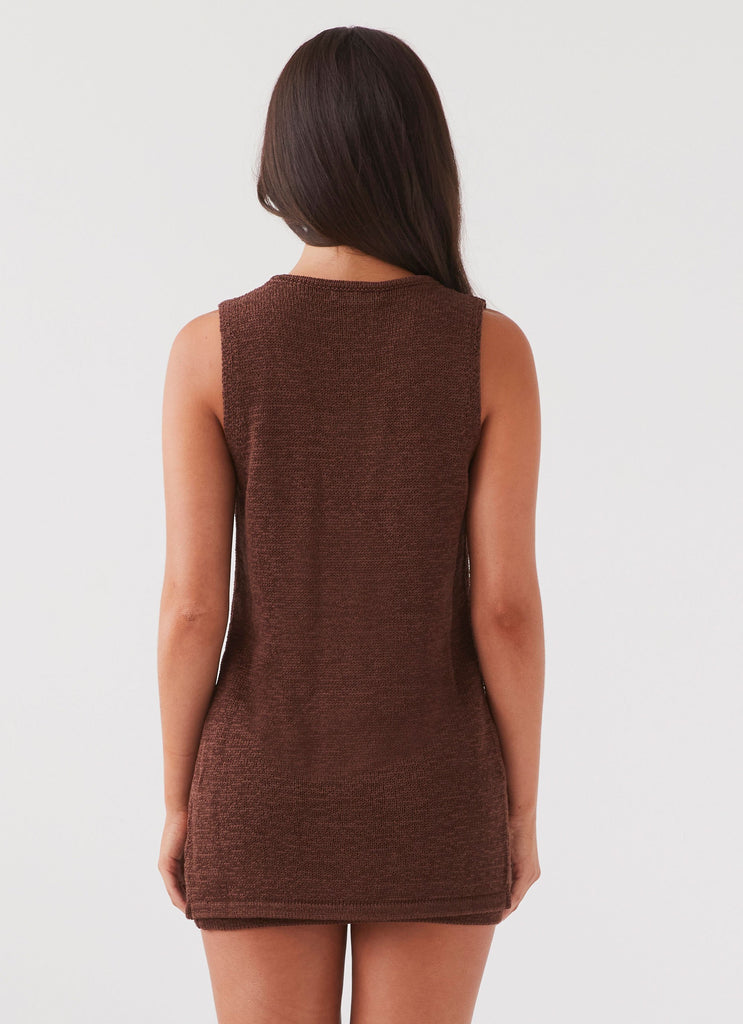 Womens Capri Glow Knit Skirt in the colour Chocolate in front of a light grey background