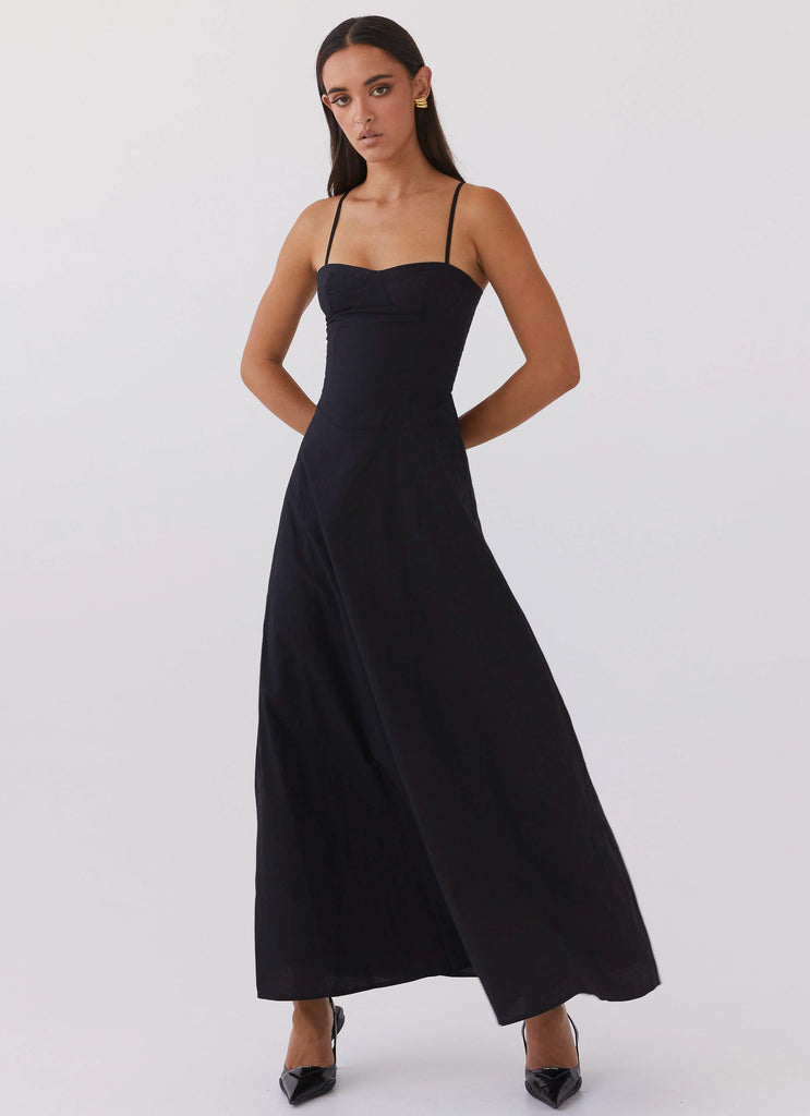 Womens Angelina Linen Maxi Dress in the colour Black in front of a light grey background