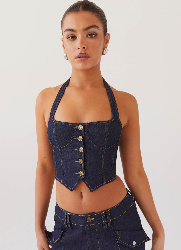 Avari Halterneck Denim Vest - Indigo