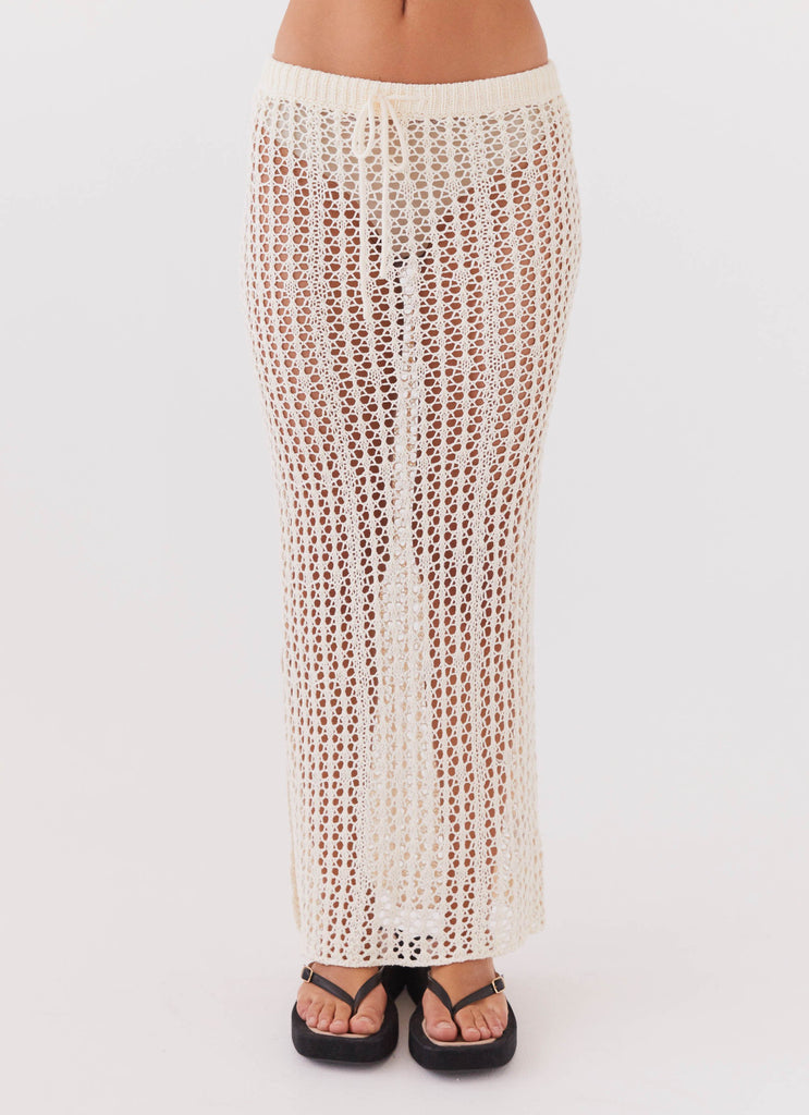 Womens Rosalina Crochet Maxi Skirt in the colour Natural in front of a light grey background