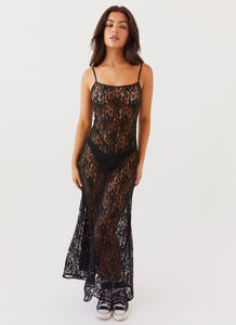 Womens Wild Thoughts Lace Maxi Dress in the colour Black in front of a light grey background