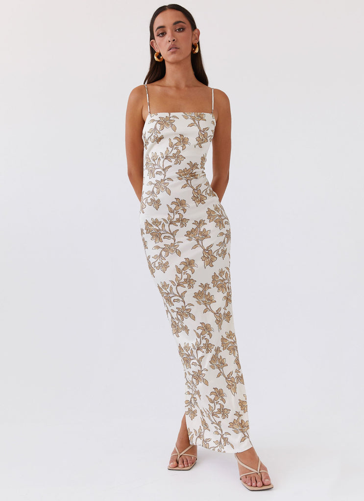 Womens Lara Satin Maxi Dress in the colour Hazel Bloom in front of a light grey background