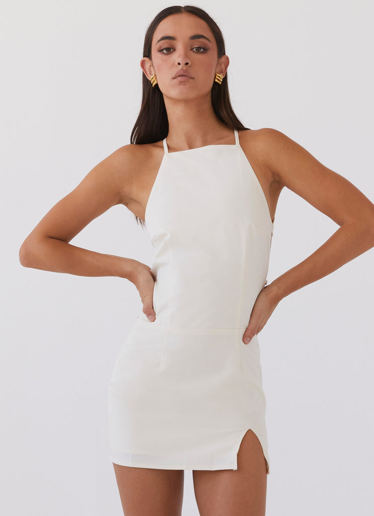 Womens Monique Mini Dress in the colour Ivory in front of a light grey background