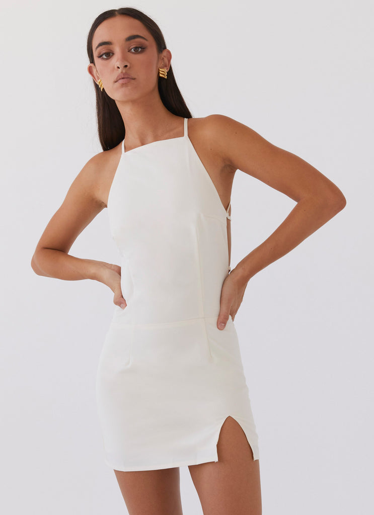 Womens Monique Mini Dress in the colour Ivory in front of a light grey background