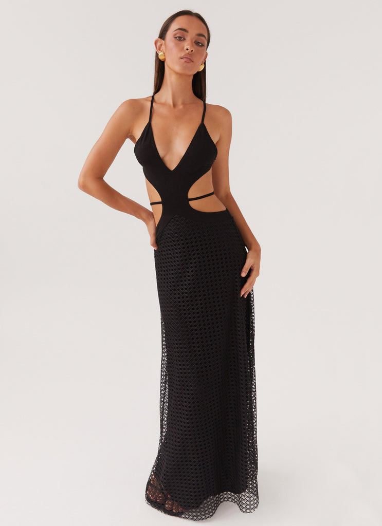 Womens Enchanted Melodies Maxi Dress in the colour Black in front of a light grey background