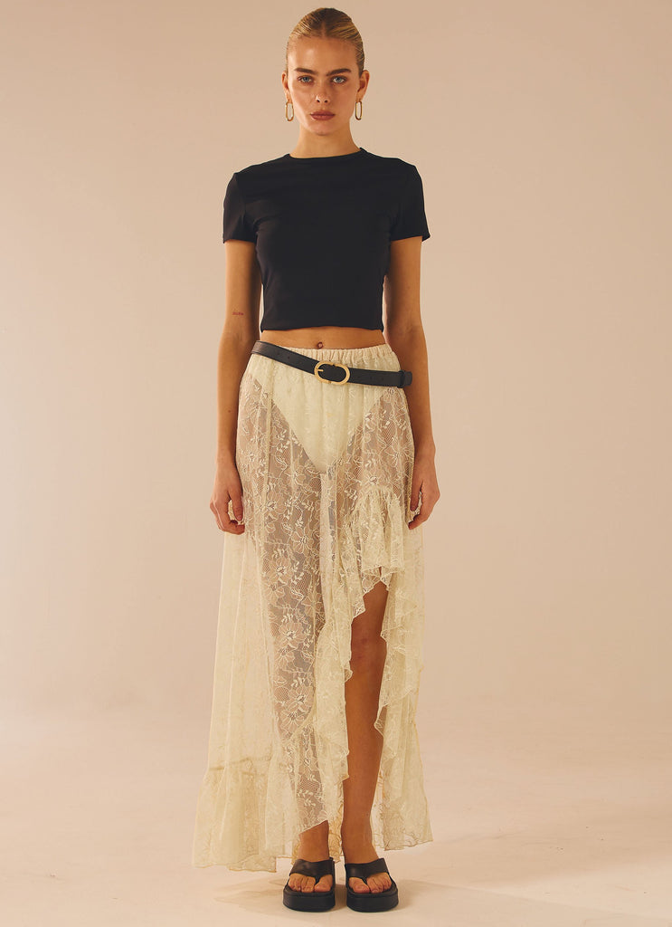 Womens Florentina Lace Maxi Skirt in the colour Ivory Tea in front of a light grey background