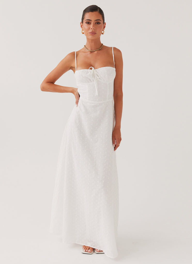 Womens Elsie Broderie Maxi Dress in the colour White in front of a light grey background