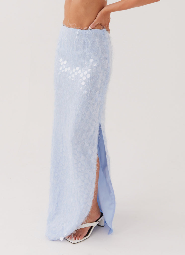 Womens Kyleigh Textured Sequin Maxi Skirt in the colour Lavender Mist in front of a light grey background