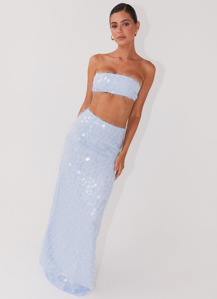 Womens Kyleigh Textured Sequin Maxi Skirt in the colour Lavender Mist in front of a light grey background