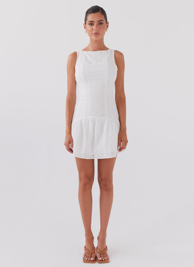 Womens Adyson Broderie Mini Dress in the colour White in front of a light grey background