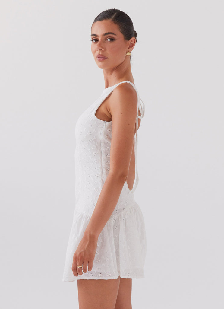 Womens Adyson Broderie Mini Dress in the colour White in front of a light grey background