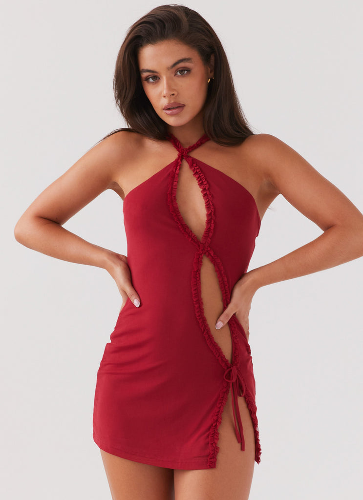 Womens Midnight Rhapsody Ruffle Mini Dress in the colour Red in front of a light grey background