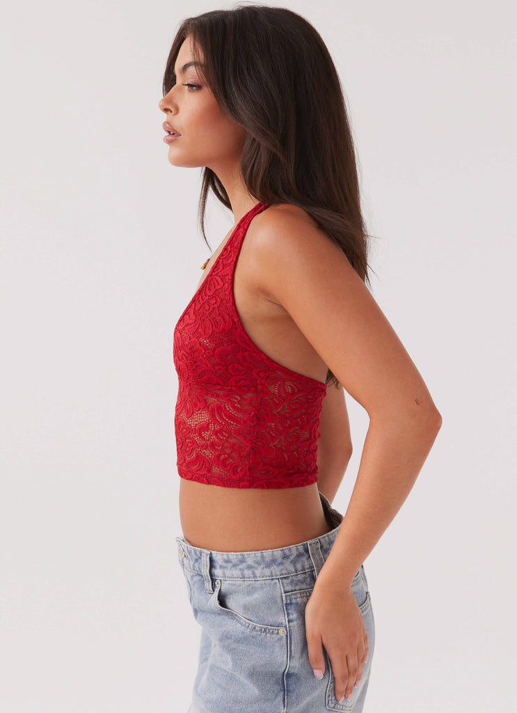 Womens Serifina Lace Halterneck Top in the colour Cherry in front of a light grey background