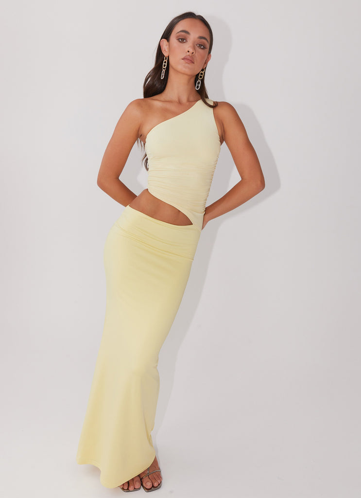 Womens Seranella One Shoulder Maxi Dress in the colour Lemon in front of a light grey background